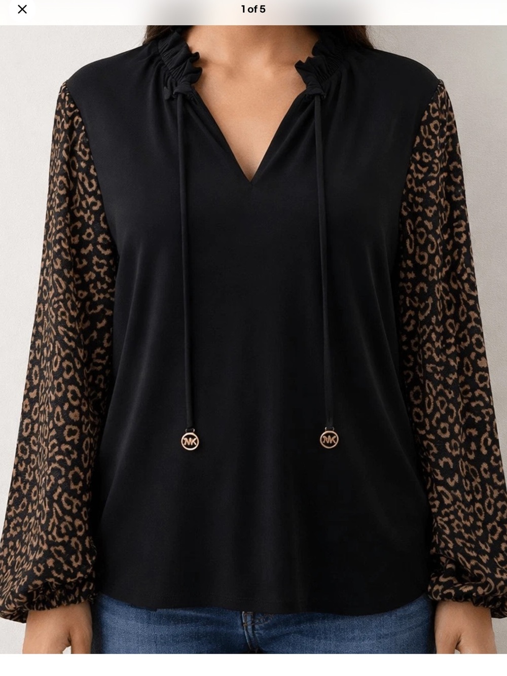 MICHAEL Michael Kors Black Top with Glitter Gold Leopard-Print Sleeves